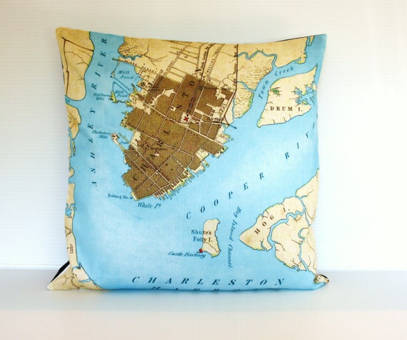 cushion cover pillow city maps CHARLESTON map cushion, map pillow  organic cotton16 inch cushion