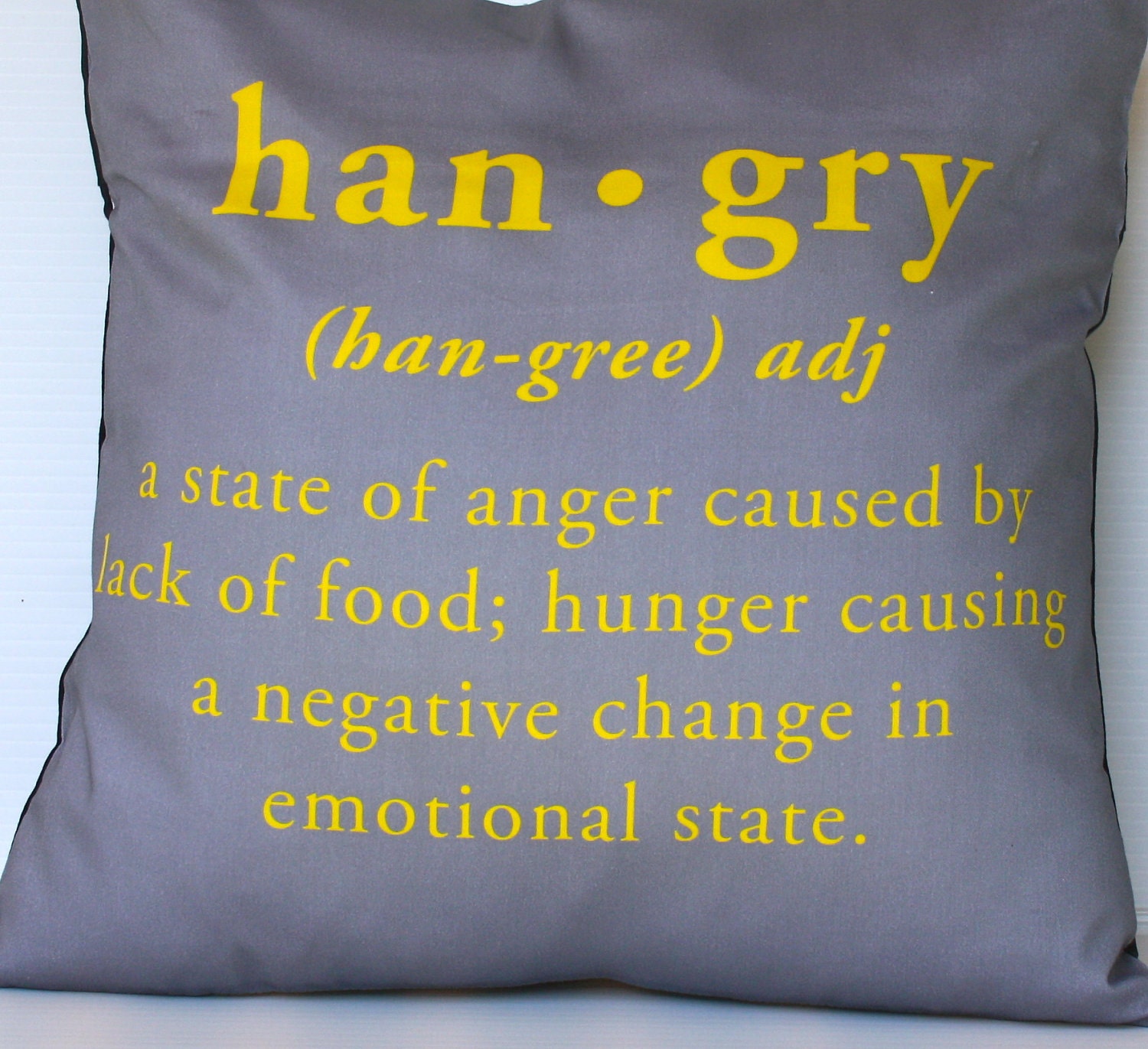 decorative pillow hunger plus anger equals HANGRY yellow and grey eco friendly organic cotton cushion cover, pillow, 16", 41cms