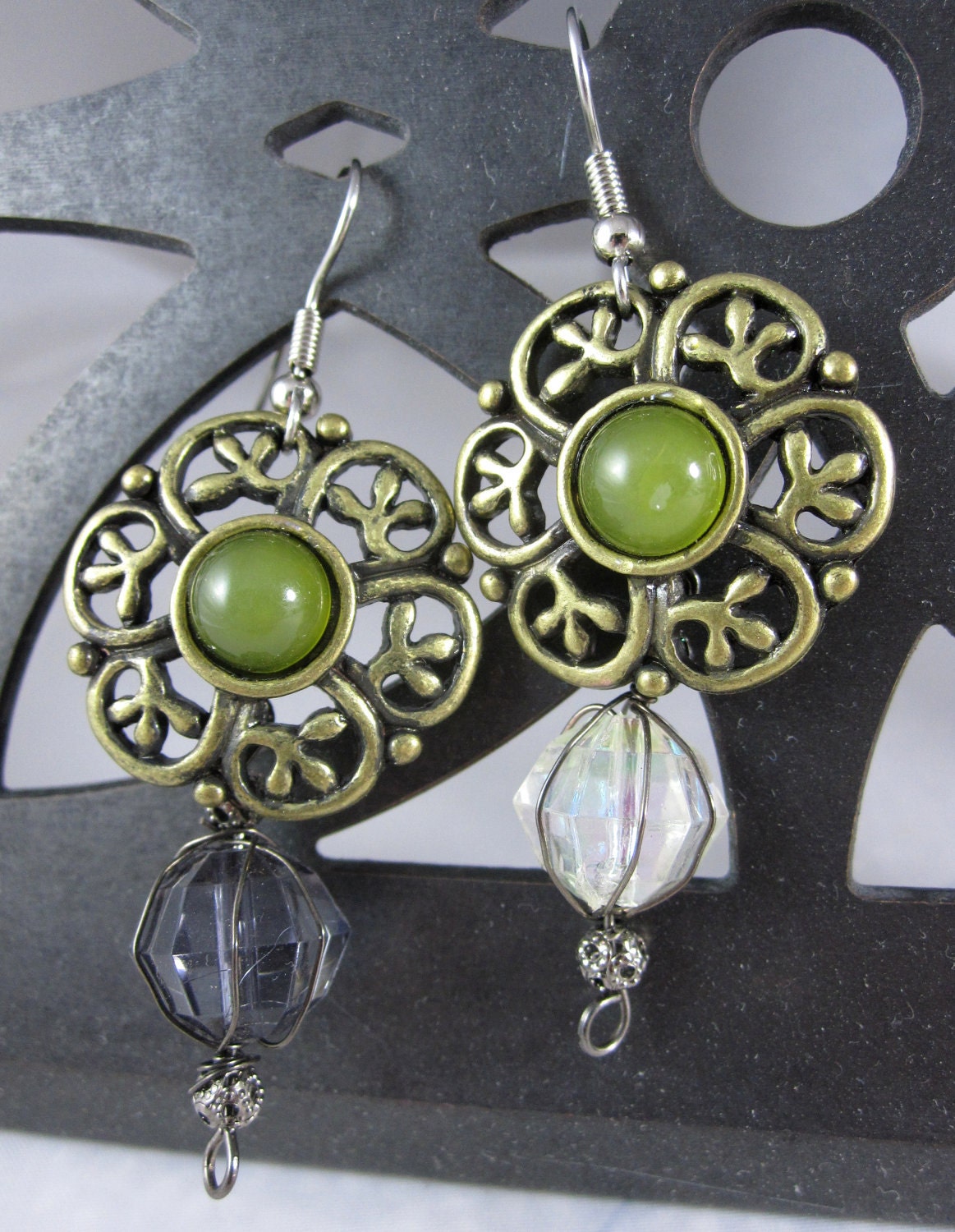 Steampunk Earrings, Gold, Green, Beads, Wire, Altered Art, Neo Victorian by LadySteam13 on Etsy