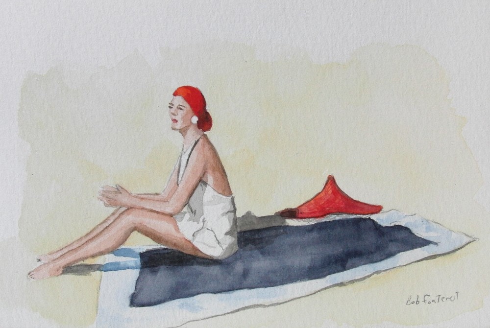 Woman on Beach - Original Watercolor Painting - 4x6