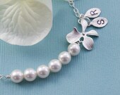 Orchid flower and white 6 pearl bracelet - Silver Bracelet , custom initials, STERLING SILVER, Bridal, Bridesmaids, Wedding Jewelry