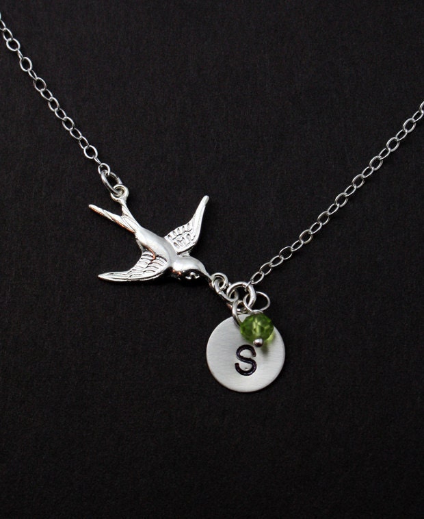 Personalized Sterling Silver Jewelry - Custom initial on Sterling Disc, Choice of Gemstone, Swallow Bird, Love and Peace