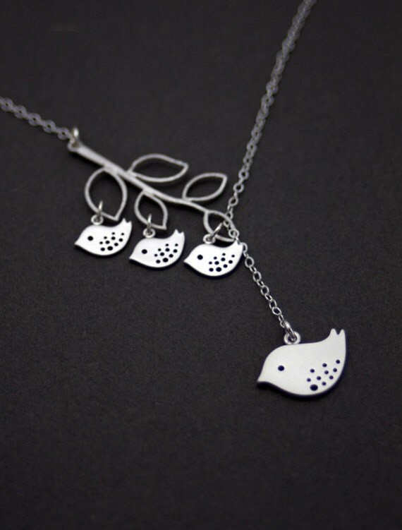 Silver Bird Jewelry, Mama Bird and Babies Necklace, Silver Branch, Baby Birds, Sterling Silver necklace, Mother,Family jewelry