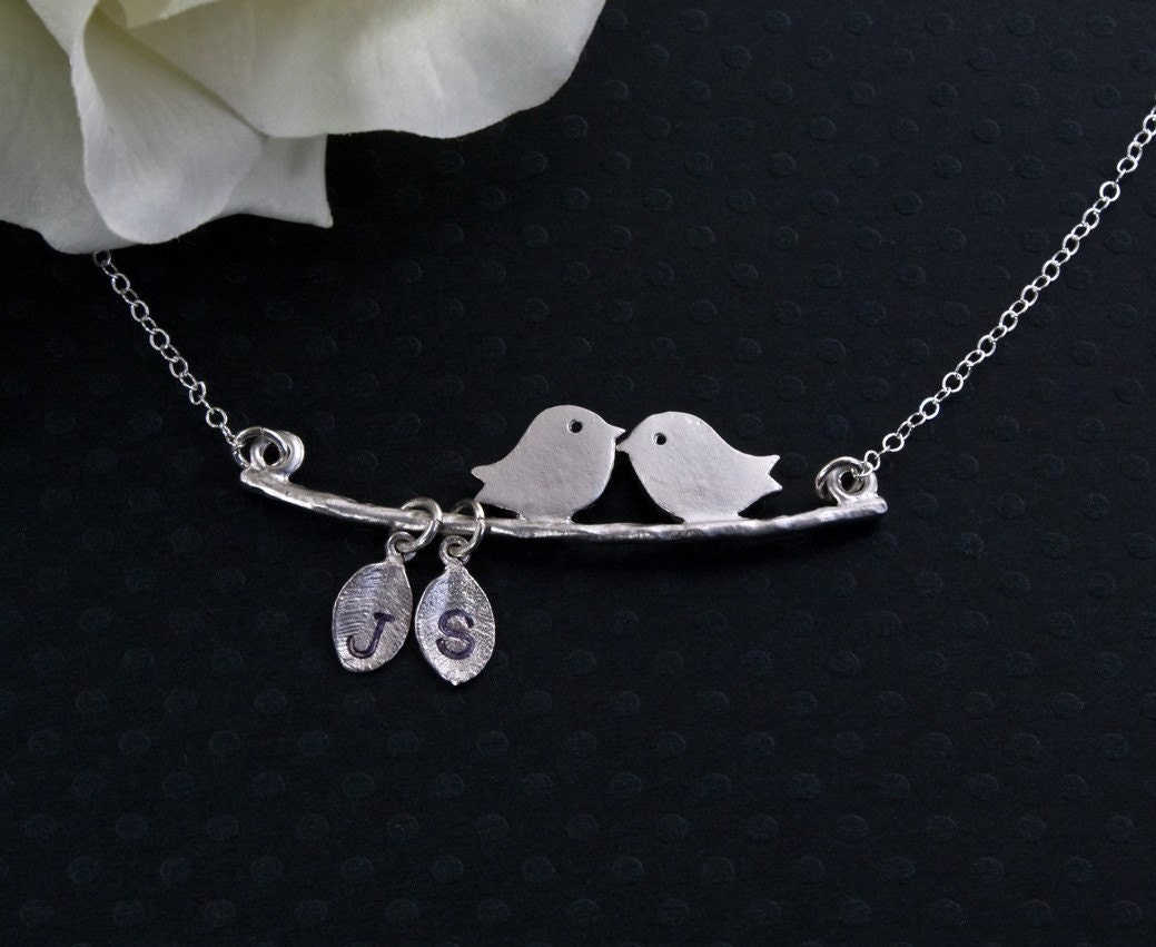 Silver Bird Necklace. Personalized Lovebirds Necklace, Mother's Necklace.Bird and Branch Necklace Jewelry, Bridal Jewelry, Couple, Love