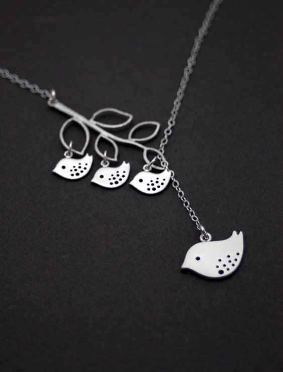 Silver Bird Jewelry, Mama Bird and Babies Necklace, Silver Branch, Baby Birds, Sterling Silver necklace, Mother,Family jewelry