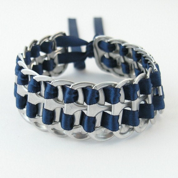 upcycled pop tab bracelet - dark blue, stacked weave,  7  inch