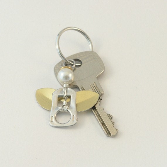 pop tab keychain - angel, gold color wings wire wrapped