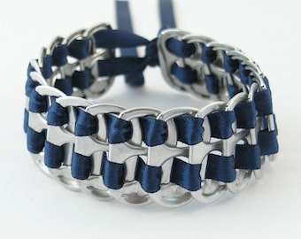 upcycled pop tab bracelet - dark blue, stacked weave,  7  inch