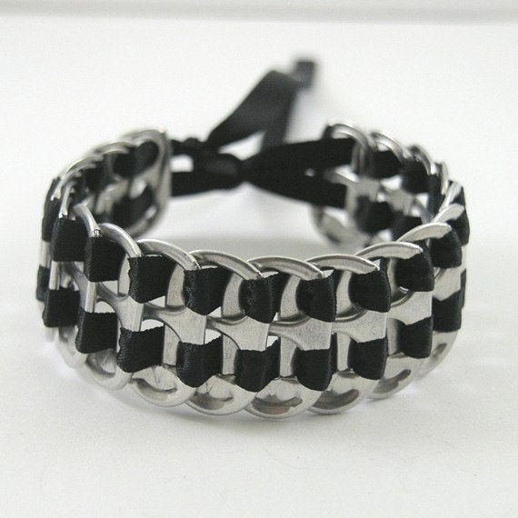recycled pop tab bracelet - black, stacked weave,  7  inch