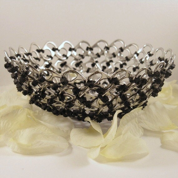 recycled basket - pop tabs and cut black tye wraps - industrial