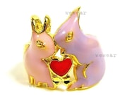 Pastel Pink & Purple Bunny Lovers with a Heart Ring - Gold Plated