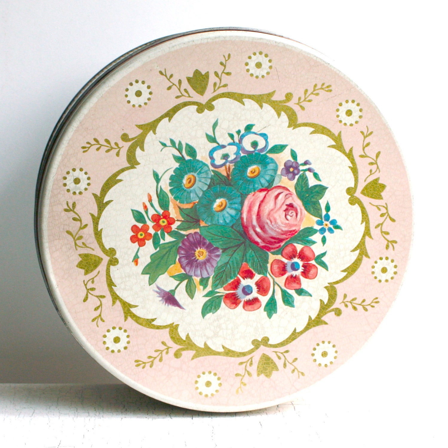 Vintage Pink Floral Biscuit Tin with Stripes