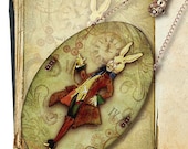 Alice's White Rabbit  Glass Wall Art - StoryBook Edition - Original Handmade Oval Glass Wall Pendant - The Illustrious W. Rabbit
