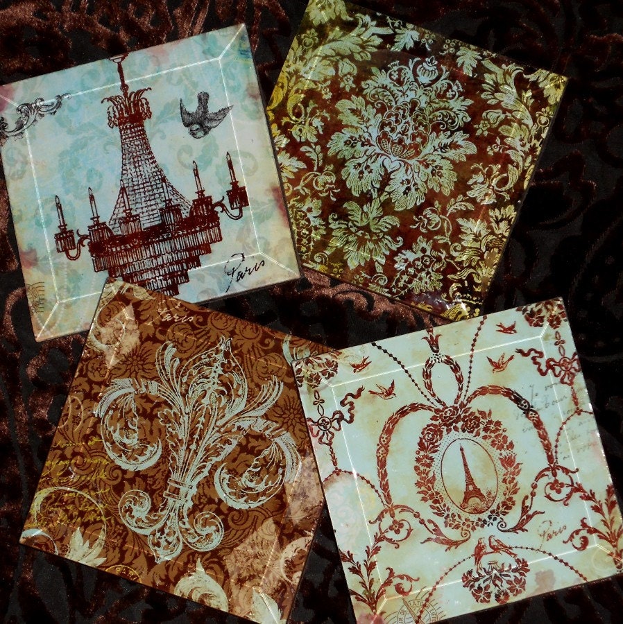 Paris Shabby Chic Coasters  - Decoupage Glass Coaster Set of 8 - Vintage Paris Fashion - Birds of a Feather Blue
