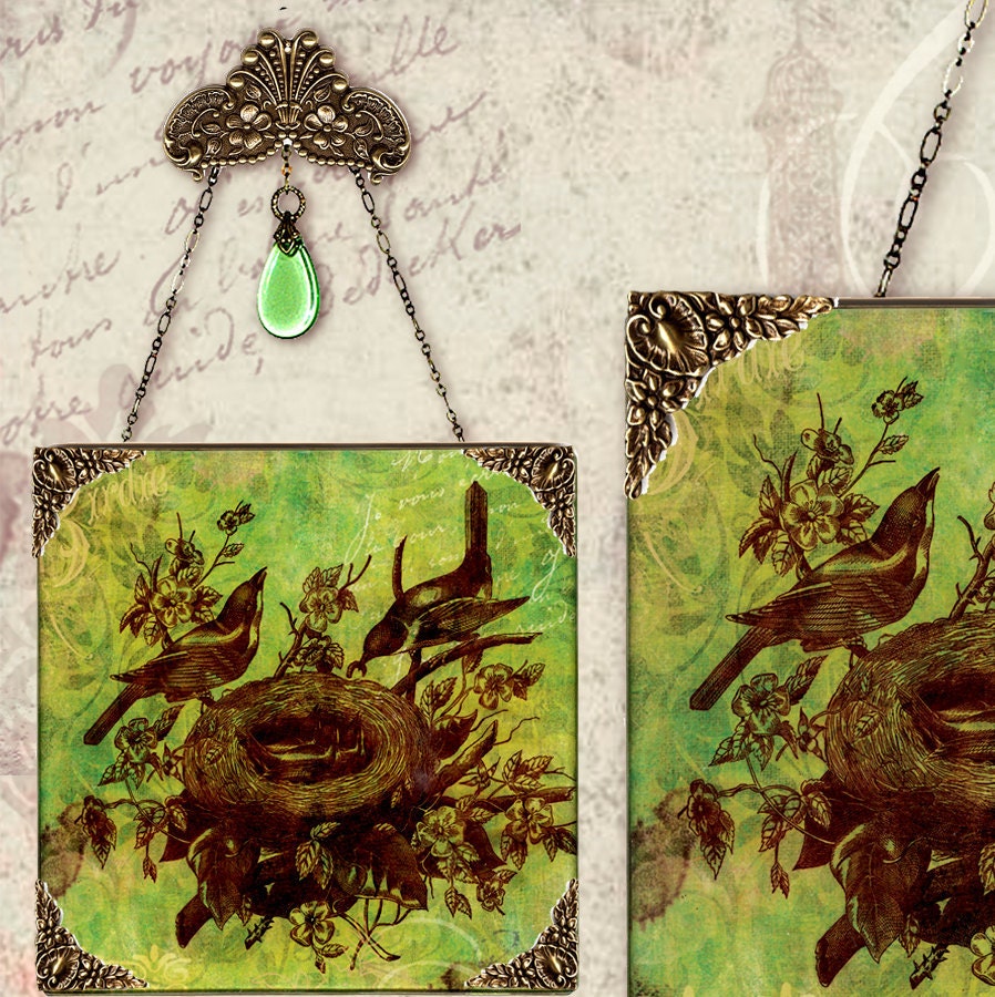 Nesting Birds Wall Pendant - Vintage Paris Fashion- Lemongrass Birds of a Feather
