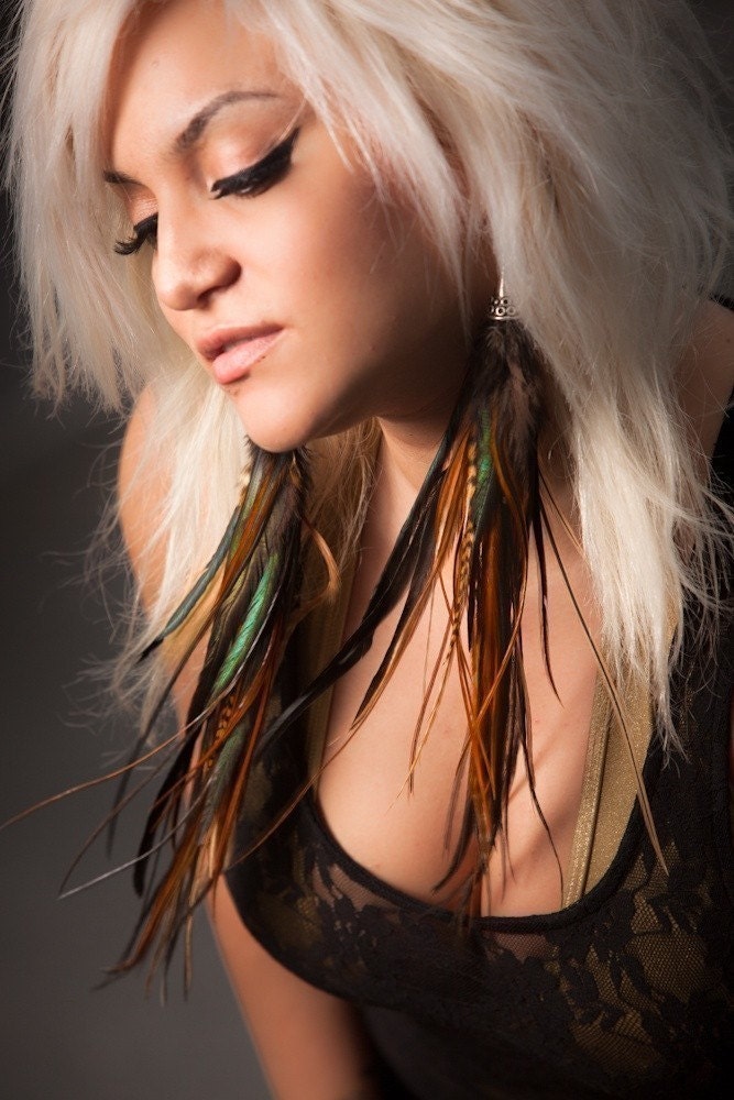 Warrior Princess Dark Natural Long Feather Earrings by Bird Crap Featherwear SALE