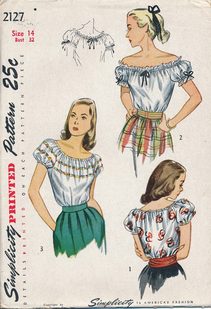 Vintage 1940s Peasant Blouse Sewing Pattern by Simplicity