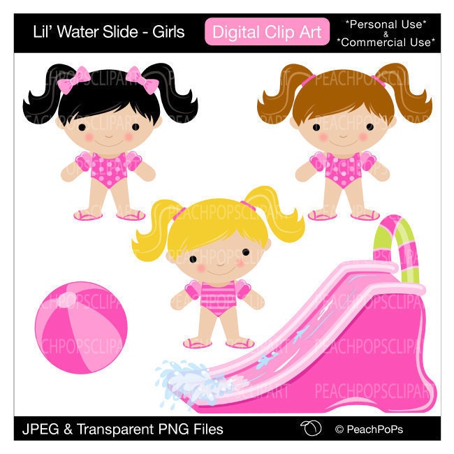 clipart digital clip art cute waterslide summer beach ball - Lil Water Slide Girls - Digital Clip Art - Personal Commercial Use