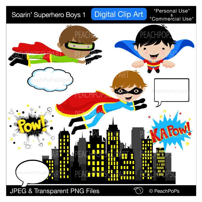 clipart digital clip art flying super hero - Soarin Superhero Boys 1 - Digital Clip Art - Personal Commercial Use
