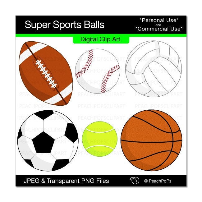 clip art digital basketball soccer tennis volleyball baseball - Super Sports Balls - INSTANT Download