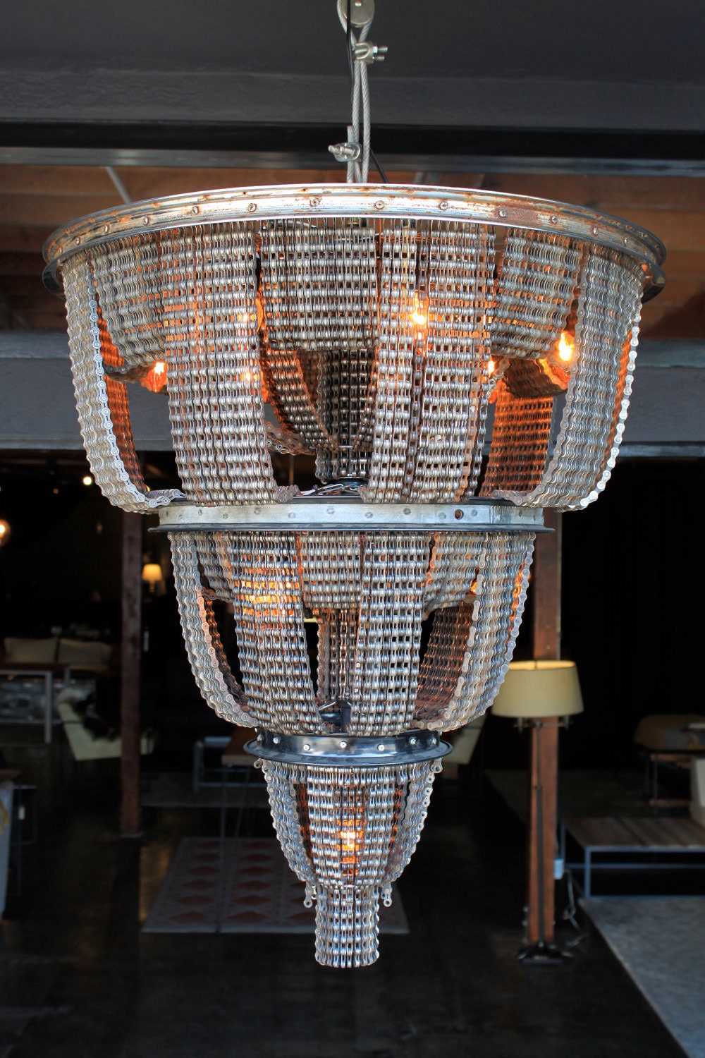 Reclaimed Metal and Bicycle Ceiling-Mount Chandelier- 33 inch height x 25 inch diameter - Facaro, CONNECT 22