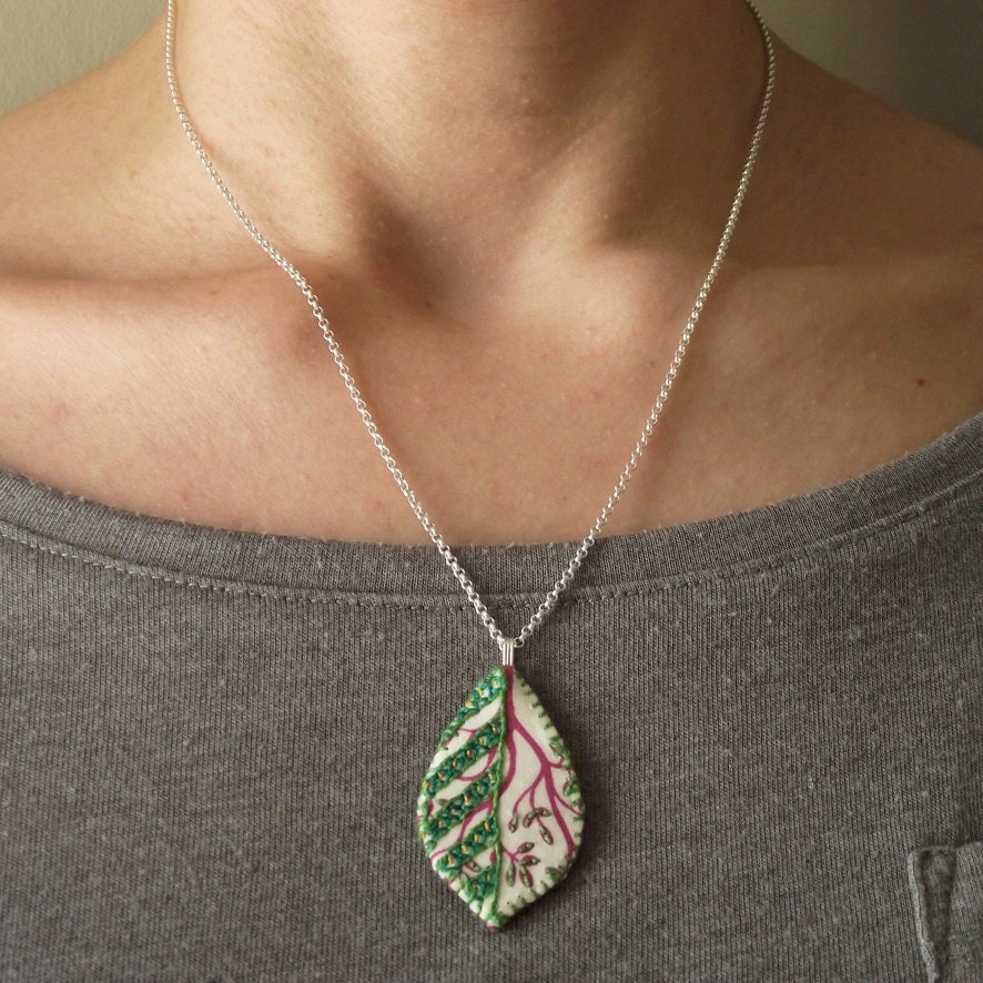 Bird Cherry Leaf Pendant. pink. Sterling Silver.