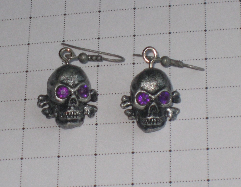SKULLS & CROSS BONES -- Silver Skull Earrings w/ Creepy Sparkling Purple Jewel Eyes, Perfect Halloween Accessory -- Ship Ready and Sale --