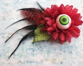 EYE of NEWT --- Feather & Floral Steampunk Gothic Halloween Unique Red, Black and Lime Green Hair Clip Fascinator