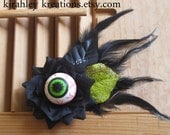 EYE of BEHOLDER -- Black Rose Flower and Feather Steampunk Creepy Gothic Hair Clip Halloween Headpiece