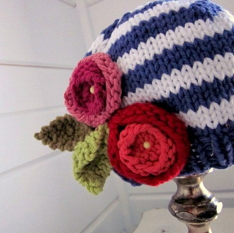 Baby hat, knit cotton baby hat, striped baby beanie with flowers by sweet baby dolly on Etsy