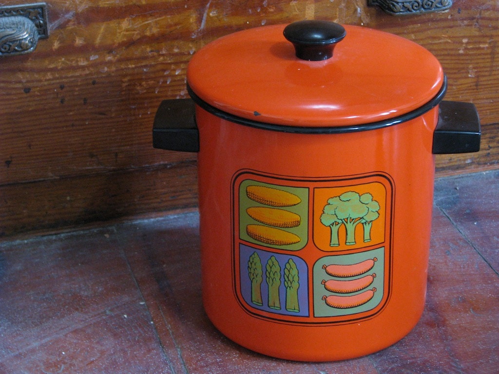 Vintage Orange Enamel Steamer Pot with Retro Veggie Graphic