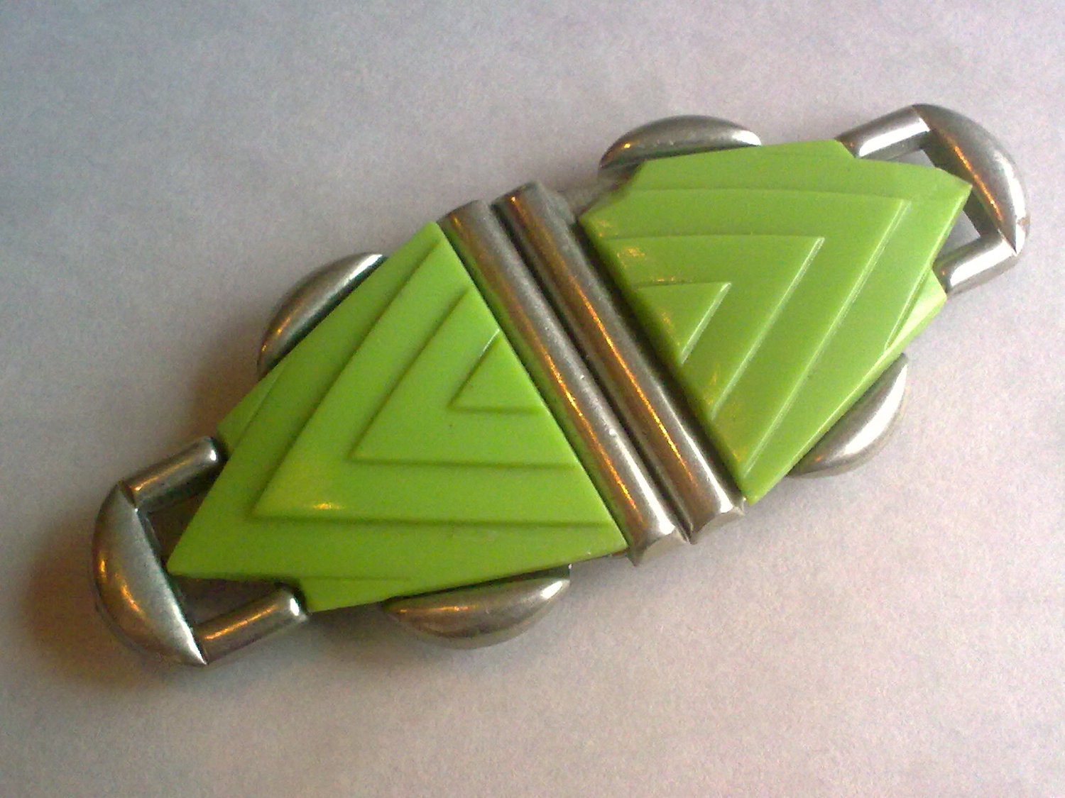 Green Glass Deco Buckle... Bright Green And Chrome