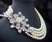 Pearl Necklace,Bridal Pearl Necklace,Ivory or Whtie Pearls,Bridal Statement Necklace,Pearl Rhinestone Necklace,Wedding Pearl Necklace,FARRAH