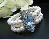 Pearl Bridal Bracelet, Vintage Wedding,Something Blue Bracelet,Swarovski Pearls, Statement Bridal Bracelet,Rhinestone Bridal Bracelet, DELIA