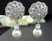 Bridal Earrings,Ivory or White Pearls,Bridal Rhinestone Earrings,Clip-on Earrings,Pearl Bridal Earrings,Wedding Pearl Earrings,STEPHANIE