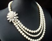 Pearl Necklace,Vintage Rhinestone Brooch Necklace,Ivory Swarovski Pearls,Bridal Rhinestone Necklace,Pearl Bridal Necklace, Pearl,GERTRUDE