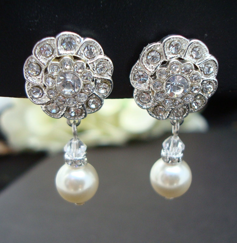 Bridal Earrings,Ivory or White Pearls,Bridal Rhinestone Earrings,Clip-on Earrings,Pearl Bridal Earrings,Wedding Pearl Earrings,STEPHANIE