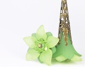 Lucite Flower Earrings Lime Green Frosted Beaded Jewelry Spring Summer Chartreuse Olive Peridot Green Tall Long Dangle Dark Antique Brass