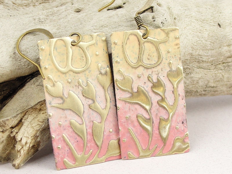 Pink and Peach Earrings Floral Earrings Seaweed Embossed Brass Sweetheart Shabby Chic Distress Jewelry