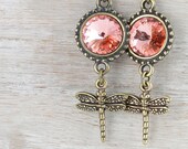 Summer Jewelry Beaded Earrings Dragonfly Jewelry Antique Brass and Swarovski Crystal Rose Pink Peach Dragon Fly Long Tall Earrings