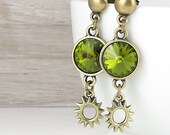 Summer Jewelry Sun Earrings Beaded Jewelry Olive Green Swarovski Crystal Rivolis Olive Green Chartreuse Beaded Earrings