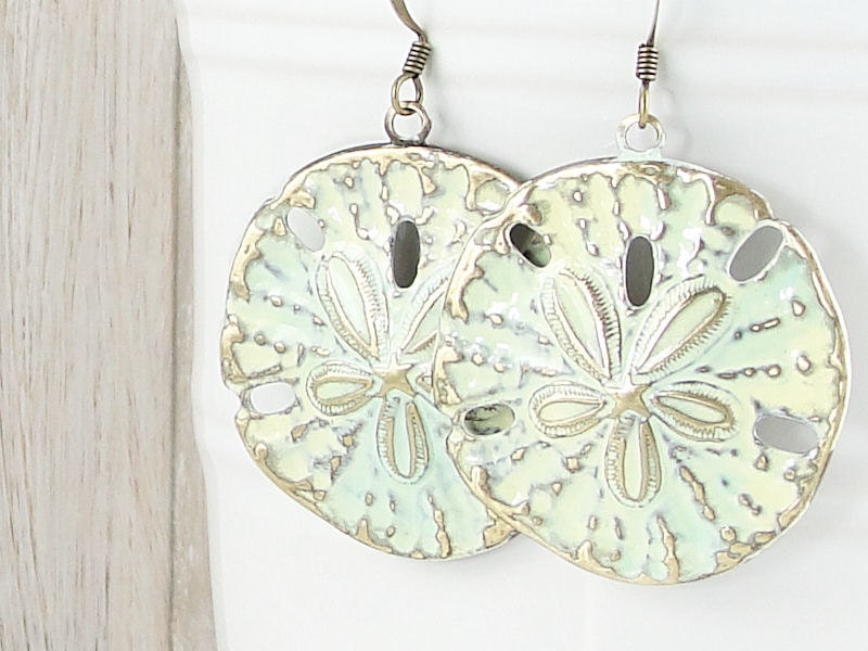Shabby Chic Jewelry Sand Dollar Jewelry Sea Foam Ecru Light Turquoise Earrings Aqua Jewelry Summer Earrings Sand and Water Jewelry