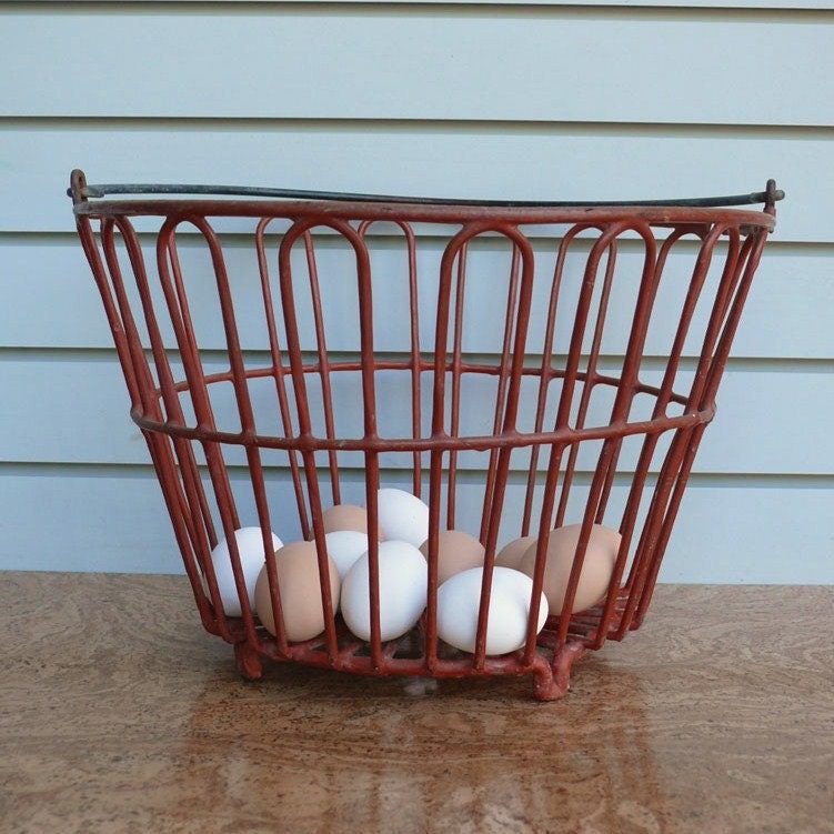 Vintage Red Wire Egg Basket with handle by birchandbird on Etsy