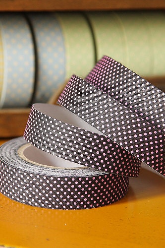 Tape-Fabric Tape-Masking Tape-Fabric Washi Style Tape-Black with Pink Polka Dots-Single Roll