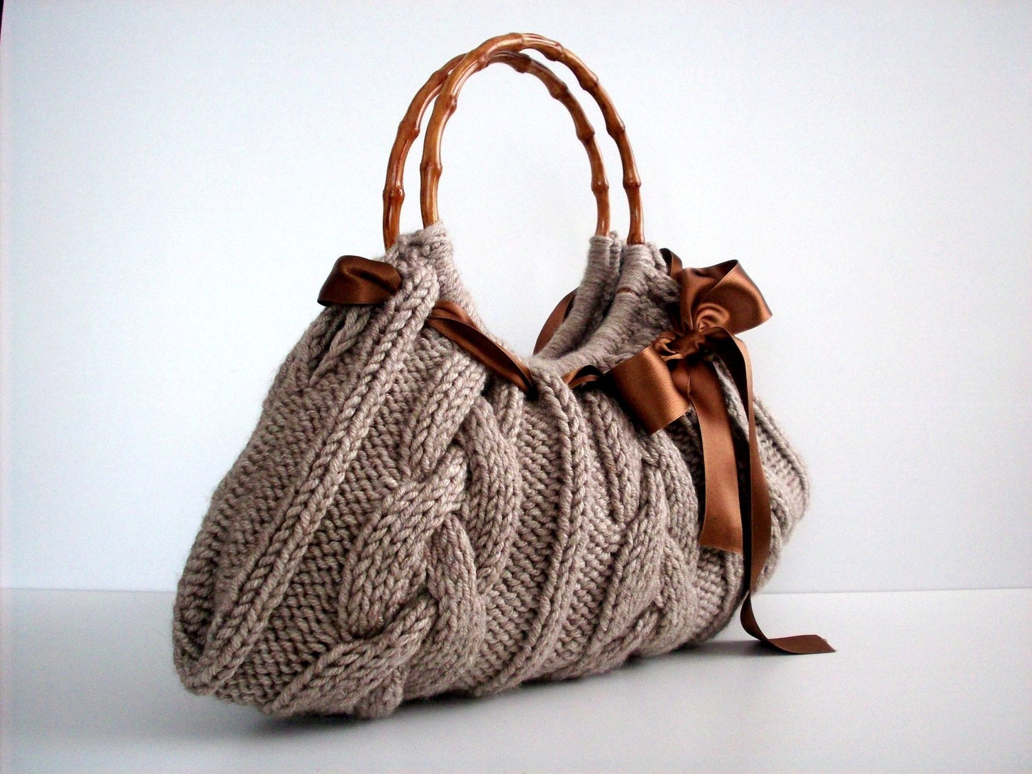 Knit Handbag NzLbags tote Handmade, Shoulder Bag, Everyday Bag, Beige brown bow, fall autumn fashion, christmas gift idea