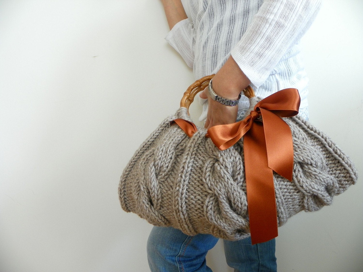 Knitted Handbag - Beige Bag Nr-0110