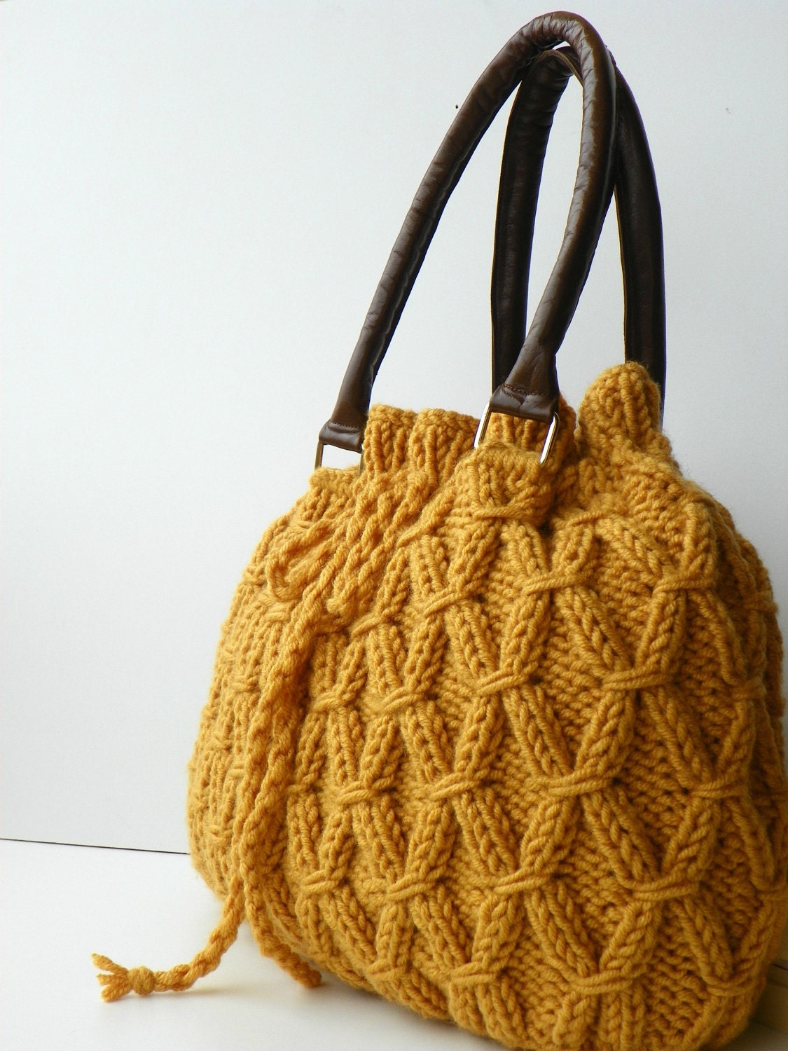 Knit Bag Fall Fashion Shoulder and Handbag, NzLbags, Mustard Knit Bag, Leather Strap Nr-0214