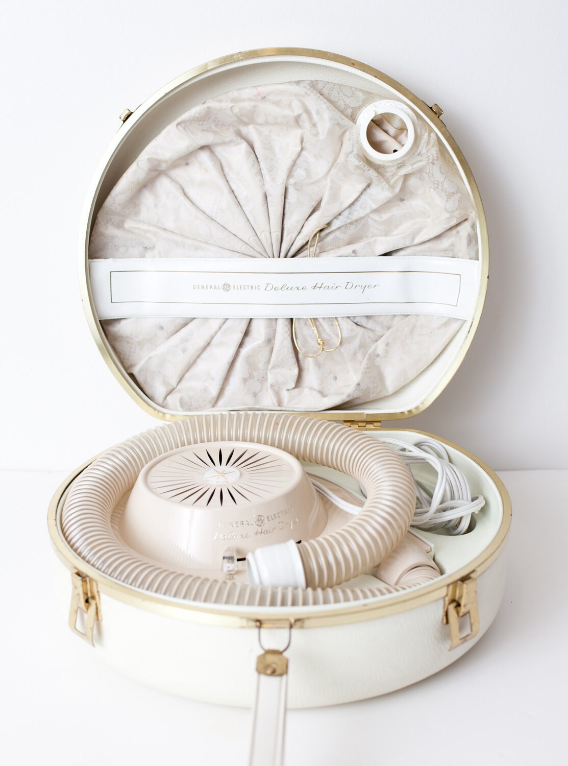 Vintage GE Deluxe Bonnet Style Hair Dryer and Case, Cream, Working