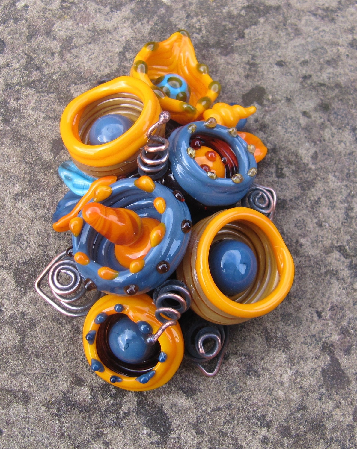 Unique Lampwork Brooch - Steel and Orange Blossom Pods