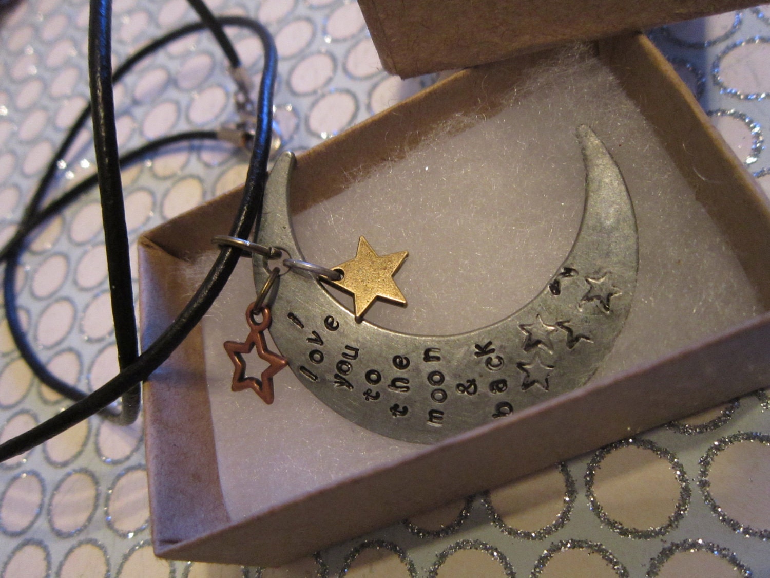 I love you to the moon & back Hand Stamped Moon and Stars Necklace.